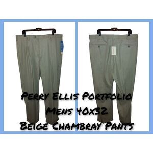 Perry Ellis Portfolio Men's Size 40x32 Beige Pleated Cuffed Chambray Pants